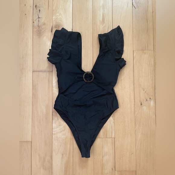 SHEIN | NWOT | Black Ruffled Shoulder Cut Out Once Piece Swim Suit - Picture 2 of 8